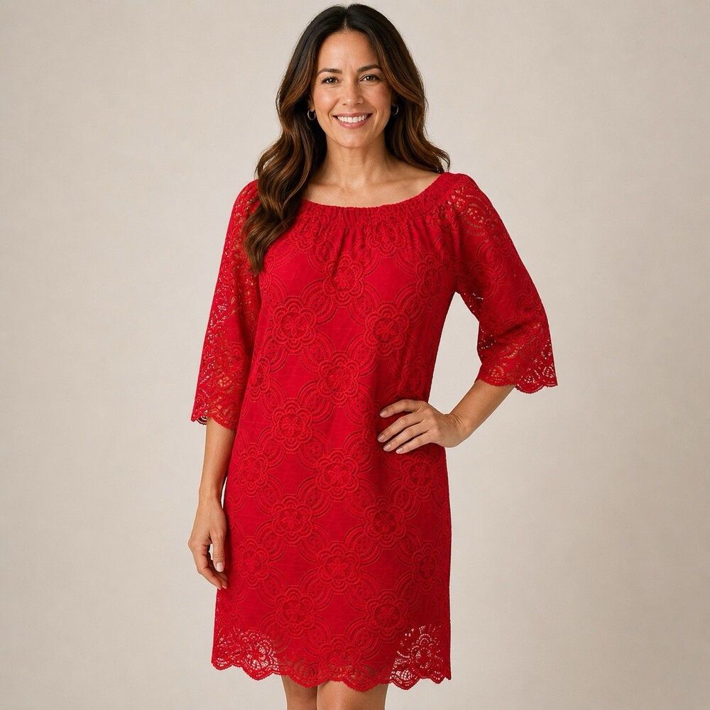 Tomato Red Lace Off-Shoulder Dress Size 6 Floral Overlay Party Chic Cocktail